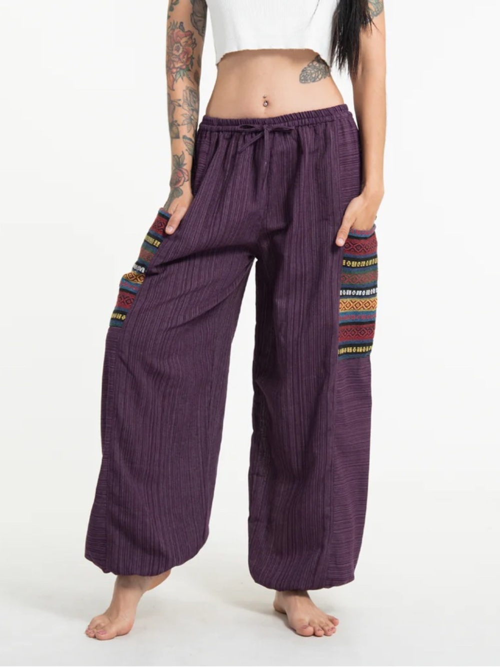 Women's Drawstring Pinstripes Cotton Pants with Aztec Pocket in Purple